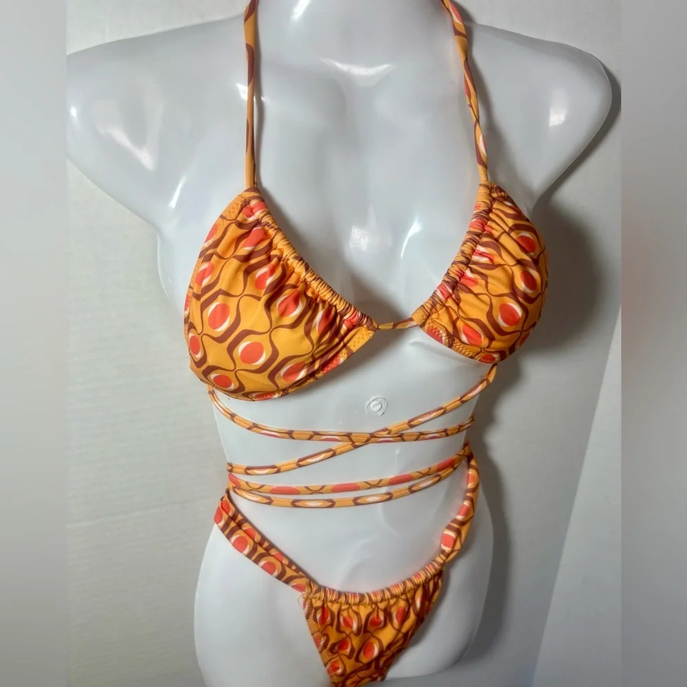 ZARA Pumpkin Inverted Bikini Set with Criss-Cross Straps and Thong Bottom - Picture 8 of 13